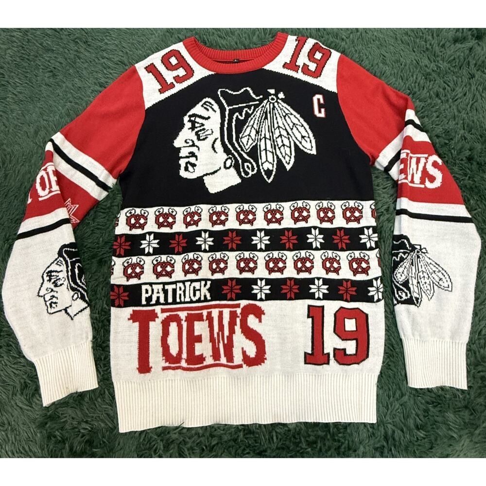 Patrick Toews #19 Chicago Blackhawks Ugly Christmas Sweater Men's Size Large